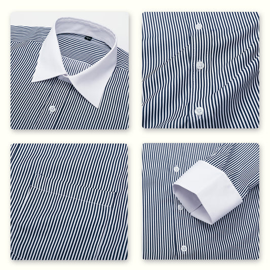 Black # Men's slim fit button-down stripe checked dress shirt, long sleeve point collar with 2-button cuffs, soft breathable polyester casual formal top for business, office, wedding, party and daily wear, isolated on white background.