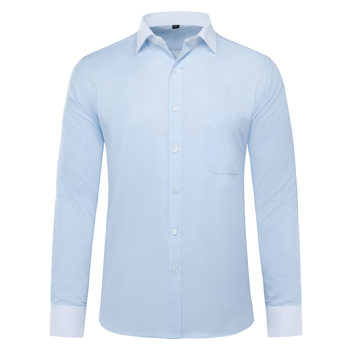 Light Blue # Men's slim fit button-down stripe checked dress shirt, long sleeve point collar with 2-button cuffs, soft breathable polyester casual formal top for business, office, wedding, party and daily wear, isolated on white background.