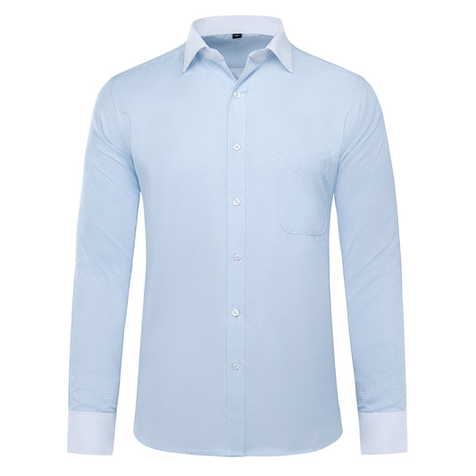 Light Blue # Men's slim fit button-down stripe checked dress shirt, long sleeve point collar with 2-button cuffs, soft breathable polyester casual formal top for business, office, wedding, party and daily wear, isolated on white background.