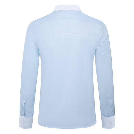 Light Blue # Men's slim fit button-down stripe checked dress shirt, long sleeve point collar with 2-button cuffs, soft breathable polyester casual formal top for business, office, wedding, party and daily wear, isolated on white background.