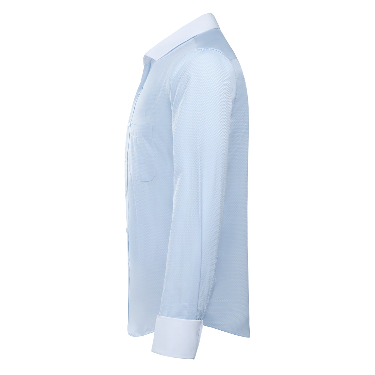 Light Blue # Men's slim fit button-down stripe checked dress shirt, long sleeve point collar with 2-button cuffs, soft breathable polyester casual formal top for business, office, wedding, party and daily wear, isolated on white background.
