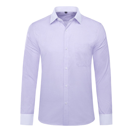 Light Purple # Men's slim fit button-down stripe checked dress shirt, long sleeve point collar with 2-button cuffs, soft breathable polyester casual formal top for business, office, wedding, party and daily wear, isolated on white background.