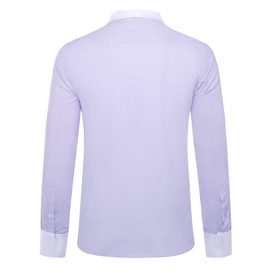 Light Purple # Men's slim fit button-down stripe checked dress shirt, long sleeve point collar with 2-button cuffs, soft breathable polyester casual formal top for business, office, wedding, party and daily wear, isolated on white background.