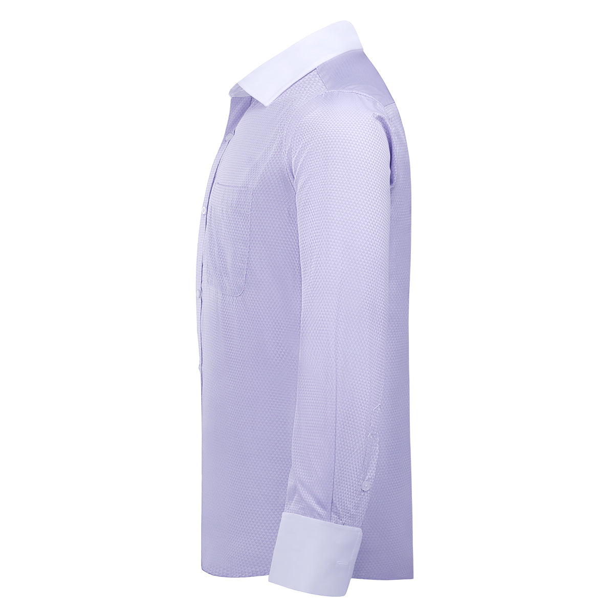 Light Purple # Men's slim fit button-down stripe checked dress shirt, long sleeve point collar with 2-button cuffs, soft breathable polyester casual formal top for business, office, wedding, party and daily wear, isolated on white background.