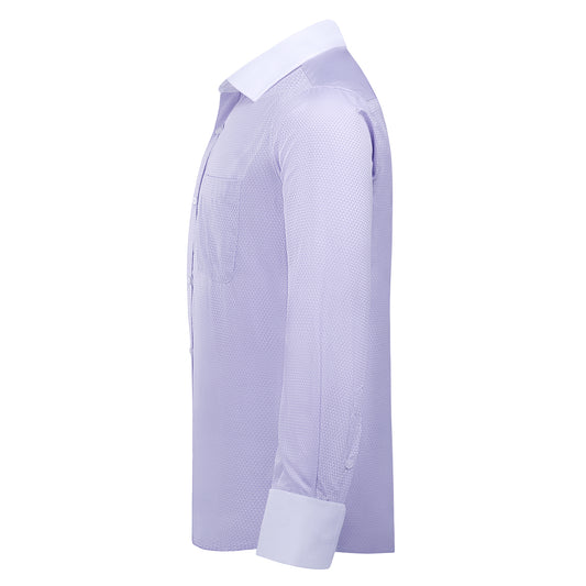 Light Purple # Men's slim fit button-down stripe checked dress shirt, long sleeve point collar with 2-button cuffs, soft breathable polyester casual formal top for business, office, wedding, party and daily wear, isolated on white background.