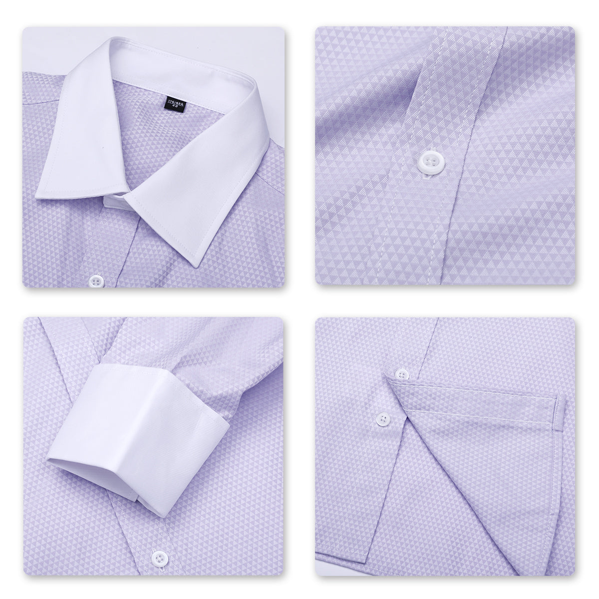 Light Purple # Men's slim fit button-down stripe checked dress shirt, long sleeve point collar with 2-button cuffs, soft breathable polyester casual formal top for business, office, wedding, party and daily wear, isolated on white background.
