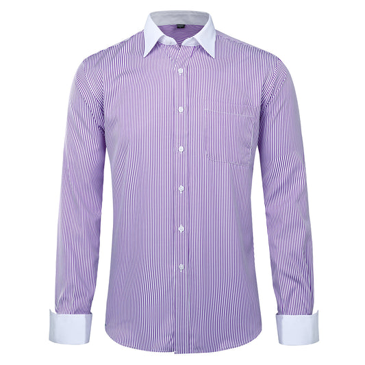 Purple # Men's slim fit button-down stripe checked dress shirt, long sleeve point collar with 2-button cuffs, soft breathable polyester casual formal top for business, office, wedding, party and daily wear, isolated on white background.