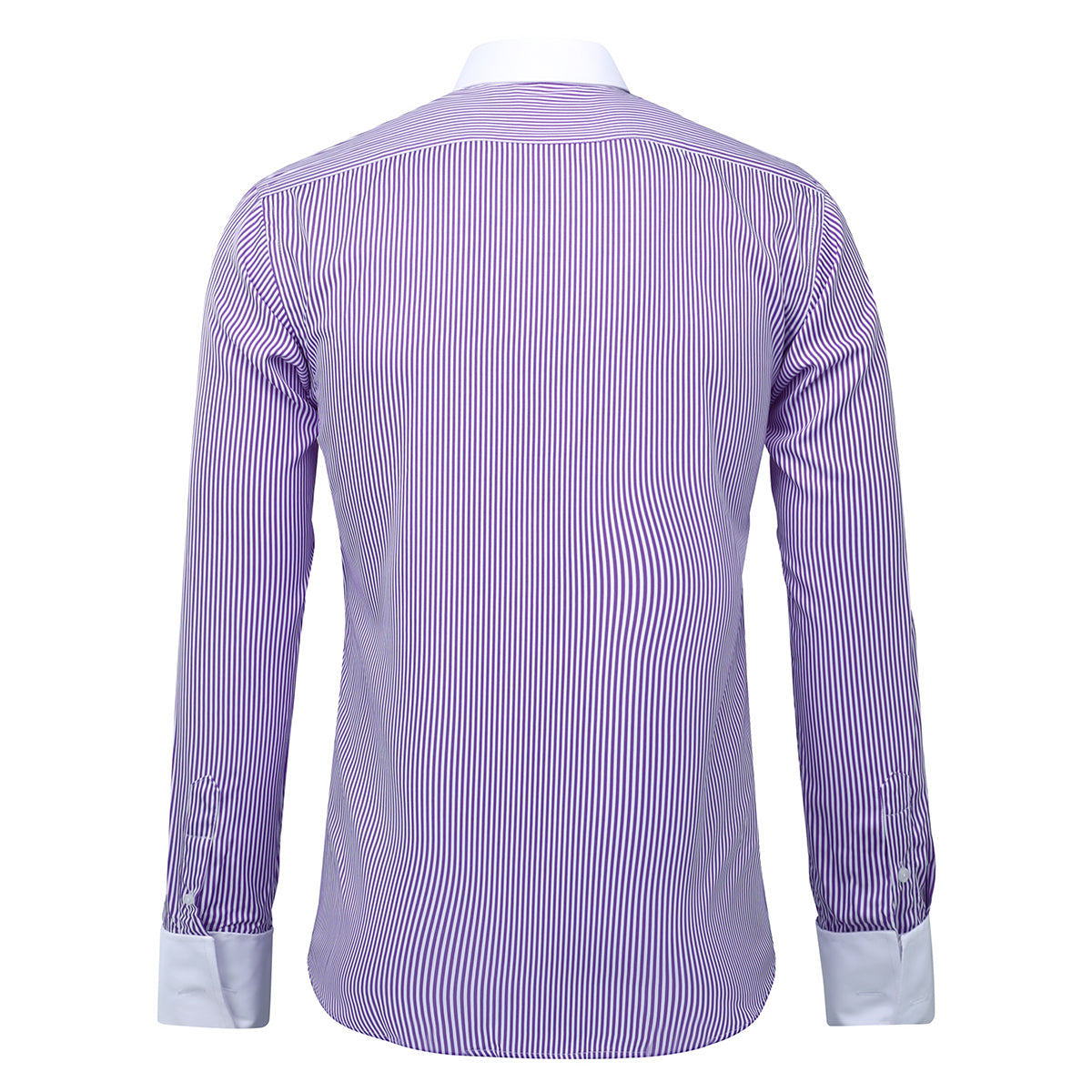 Purple # Men's slim fit button-down stripe checked dress shirt, long sleeve point collar with 2-button cuffs, soft breathable polyester casual formal top for business, office, wedding, party and daily wear, isolated on white background.