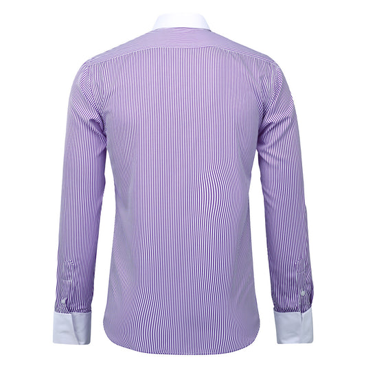 Purple # Men's slim fit button-down stripe checked dress shirt, long sleeve point collar with 2-button cuffs, soft breathable polyester casual formal top for business, office, wedding, party and daily wear, isolated on white background.