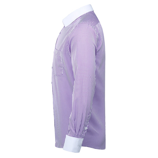 Purple # Men's slim fit button-down stripe checked dress shirt, long sleeve point collar with 2-button cuffs, soft breathable polyester casual formal top for business, office, wedding, party and daily wear, isolated on white background.