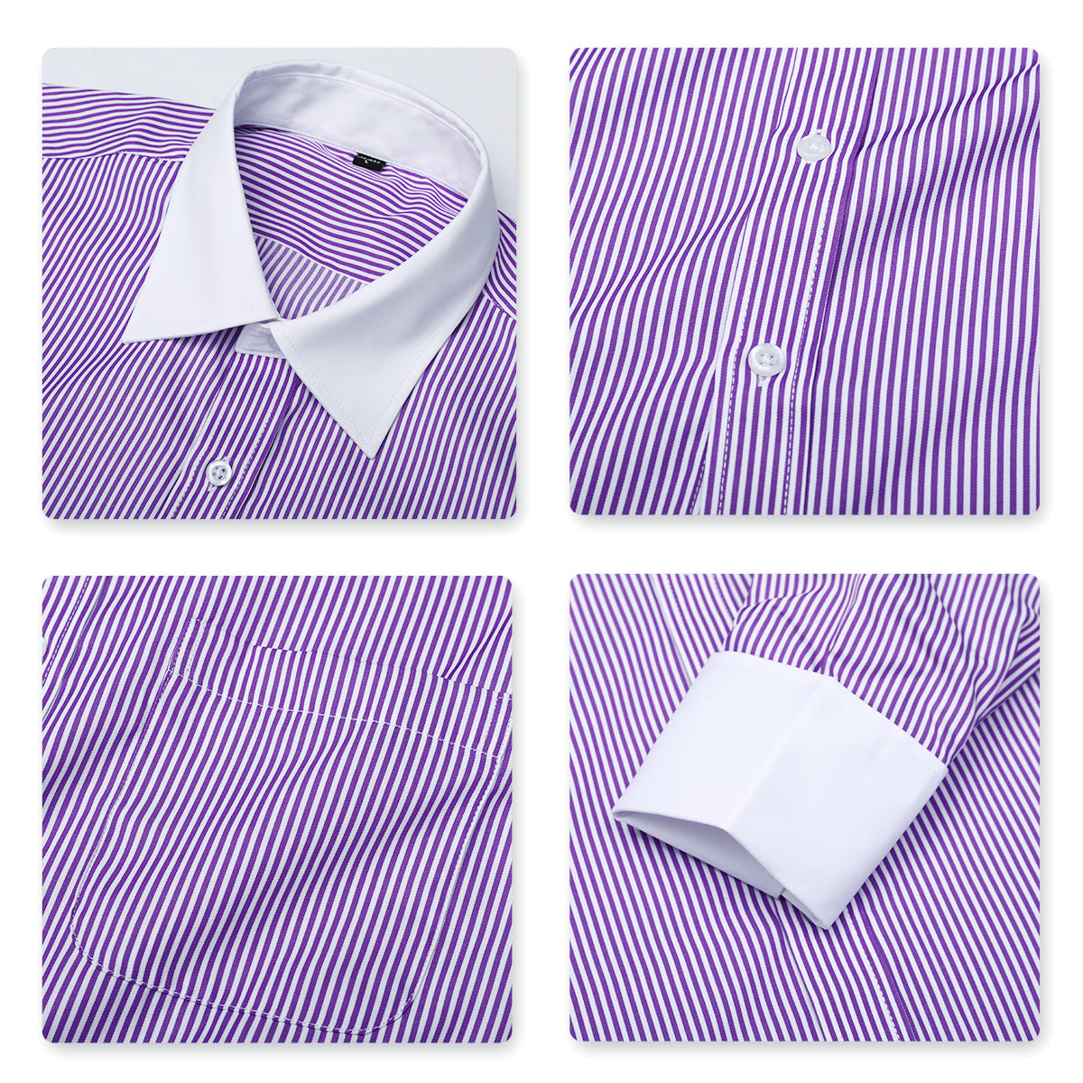 Purple # Men's slim fit button-down stripe checked dress shirt, long sleeve point collar with 2-button cuffs, soft breathable polyester casual formal top for business, office, wedding, party and daily wear, isolated on white background.