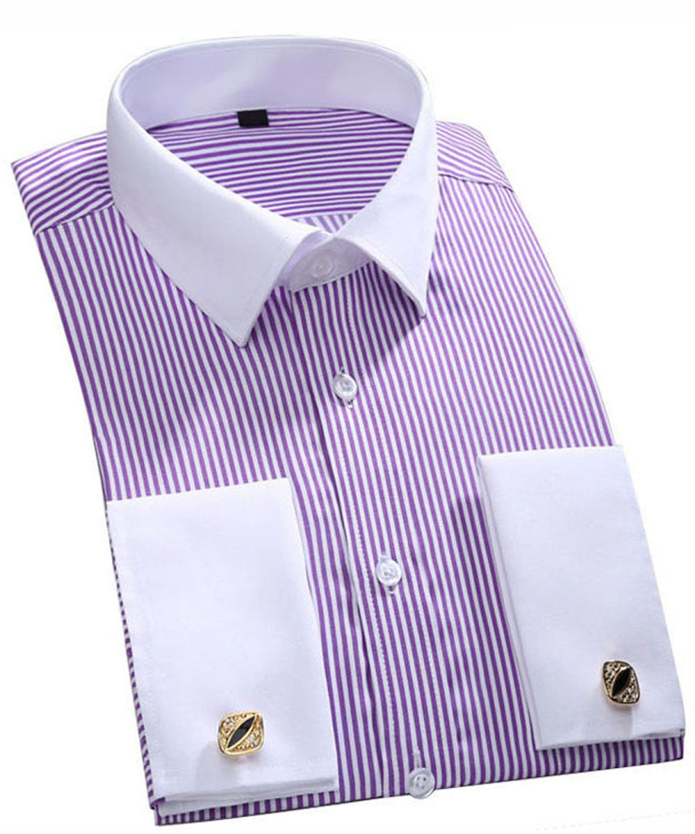 Purple # Men's slim fit button-down stripe checked dress shirt, long sleeve point collar with 2-button cuffs, soft breathable polyester casual formal top for business, office, wedding, party and daily wear, isolated on white background.Cloudstyle