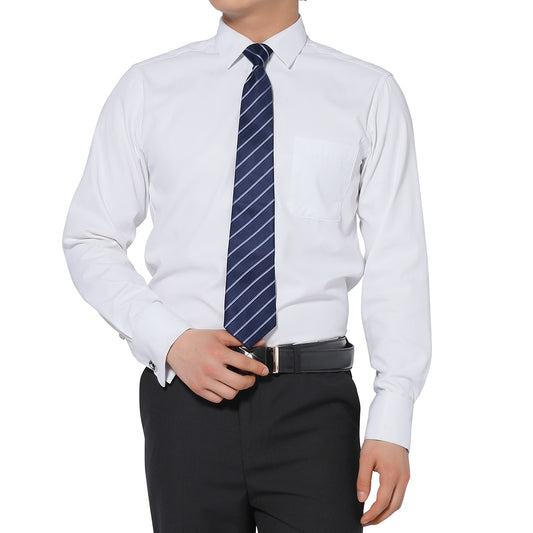 White # Men's slim fit button-down stripe checked dress shirt, long sleeve point collar with 2-button cuffs, soft breathable polyester casual formal top for business, office, wedding, party and daily wear, isolated on white background.