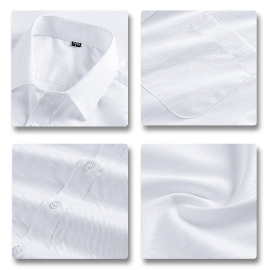 White # Men's slim fit button-down stripe checked dress shirt, long sleeve point collar with 2-button cuffs, soft breathable polyester casual formal top for business, office, wedding, party and daily wear, isolated on white background.