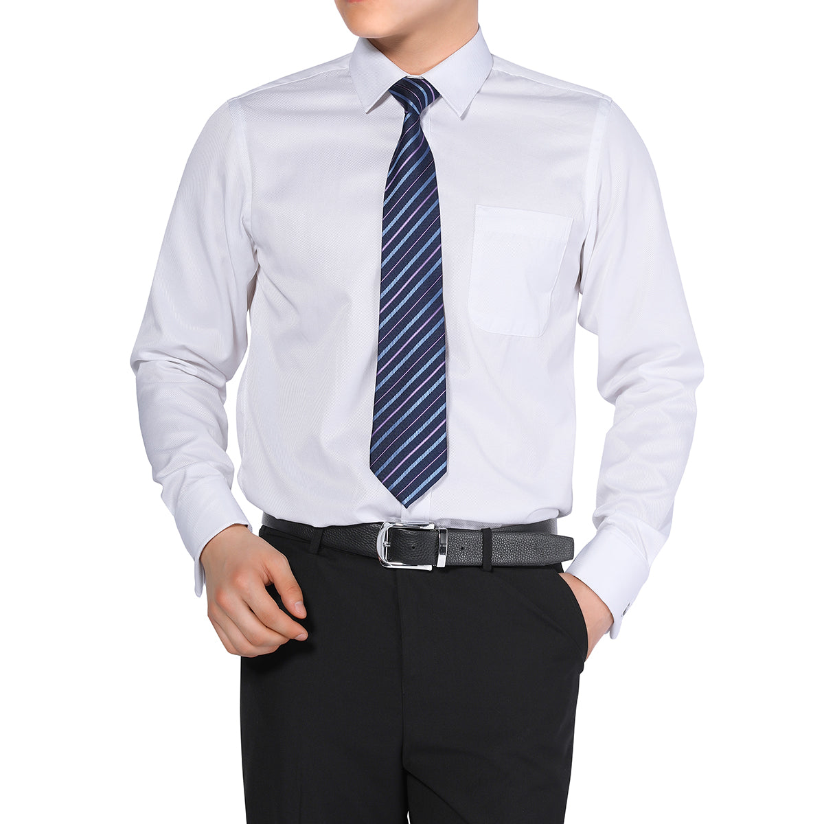 White # Men's slim fit button-down stripe checked dress shirt, long sleeve point collar with 2-button cuffs, soft breathable polyester casual formal top for business, office, wedding, party and daily wear, isolated on white background.