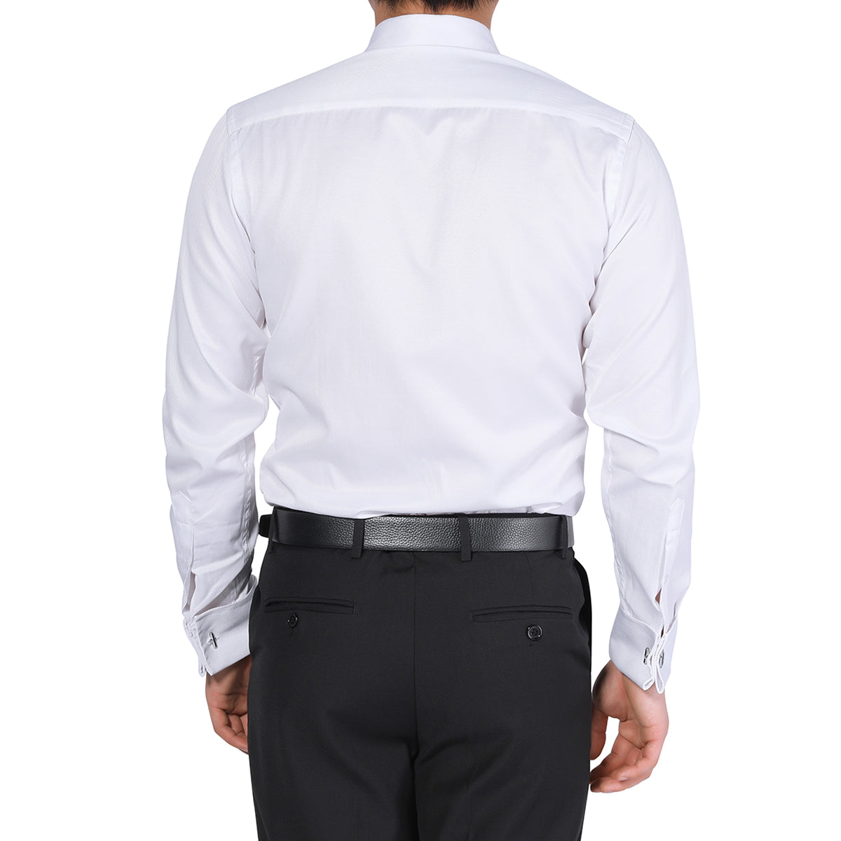 White # Men's slim fit button-down stripe checked dress shirt, long sleeve point collar with 2-button cuffs, soft breathable polyester casual formal top for business, office, wedding, party and daily wear, isolated on white background.