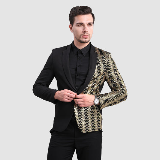 Black # Men's slim fit sequin party blazer with notched lapel and single-breasted button closure, black sparkle jacket with round sequin decoration and fully lined interior for party, prom, wedding and special events, isolated on white background.