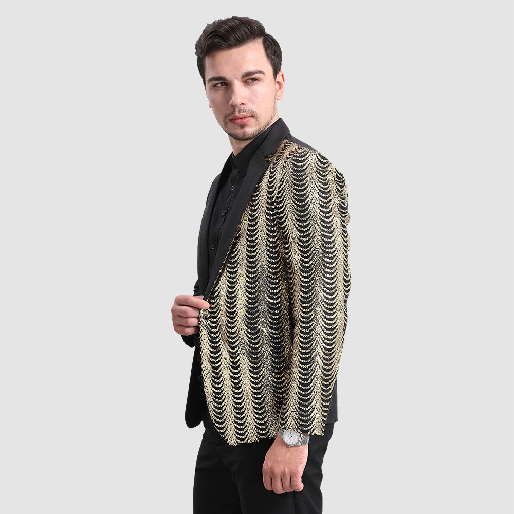 Black # Men's slim fit sequin party blazer with notched lapel and single-breasted button closure, black sparkle jacket with round sequin decoration and fully lined interior for party, prom, wedding and special events, isolated on white background.