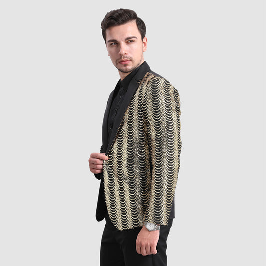 Black # Men's slim fit sequin party blazer with notched lapel and single-breasted button closure, black sparkle jacket with round sequin decoration and fully lined interior for party, prom, wedding and special events, isolated on white background.