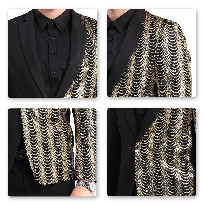 Black # Men's slim fit sequin party blazer with notched lapel and single-breasted button closure, black sparkle jacket with round sequin decoration and fully lined interior for party, prom, wedding and special events, isolated on white background.