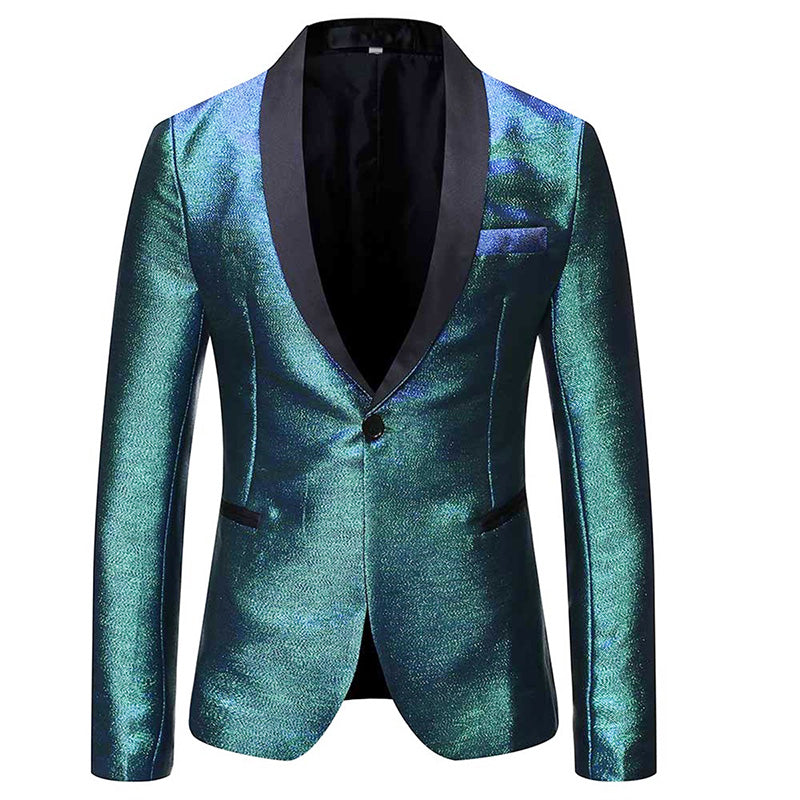 Magic Teal # Men's luxury prom tuxedo jacket with black shawl collar and one-button closure, magic teal metallic luster blazer with center vent, buttoned cuffs, 1 chest pocket and 2 side jet pockets, 3D tailored slim fit with full shoulder design for prom, wedding, party and formal events, isolated on white background.