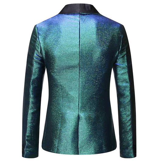 Magic Teal # Men's luxury prom tuxedo jacket with black shawl collar and one-button closure, magic teal metallic luster blazer with center vent, buttoned cuffs, 1 chest pocket and 2 side jet pockets, 3D tailored slim fit with full shoulder design for prom, wedding, party and formal events, isolated on white background.