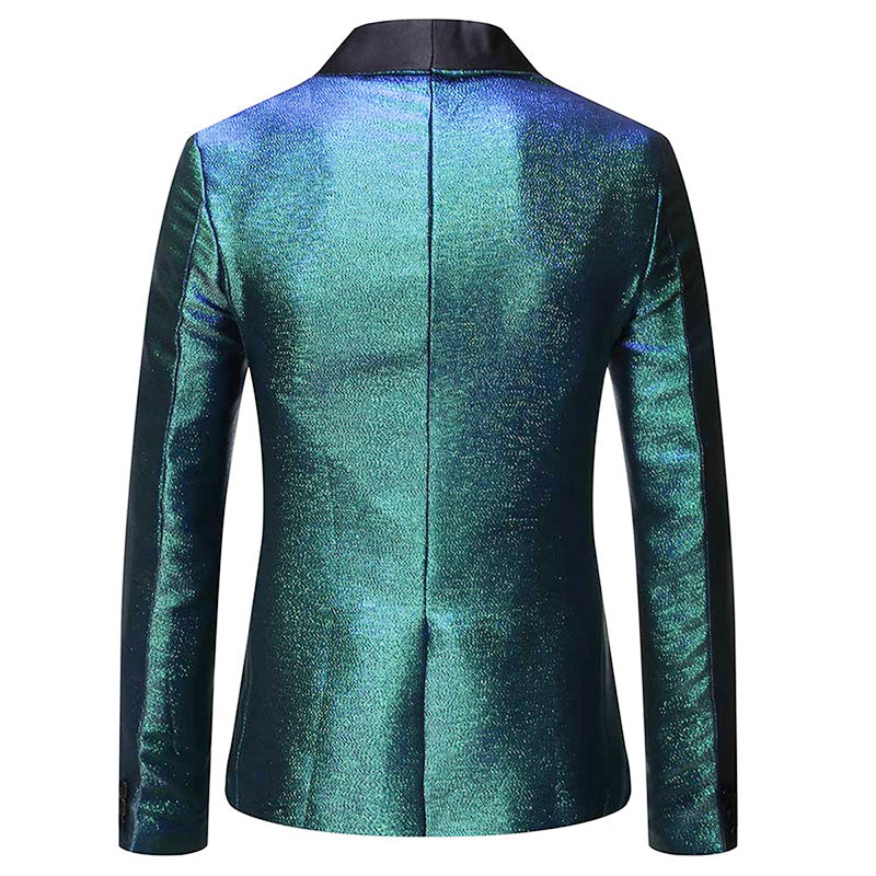 Magic Teal # Men's luxury prom tuxedo jacket with black shawl collar and one-button closure, magic teal metallic luster blazer with center vent, buttoned cuffs, 1 chest pocket and 2 side jet pockets, 3D tailored slim fit with full shoulder design for prom, wedding, party and formal events, isolated on white background.