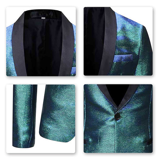 Magic Teal # Men's luxury prom tuxedo jacket with black shawl collar and one-button closure, magic teal metallic luster blazer with center vent, buttoned cuffs, 1 chest pocket and 2 side jet pockets, 3D tailored slim fit with full shoulder design for prom, wedding, party and formal events, isolated on white background.