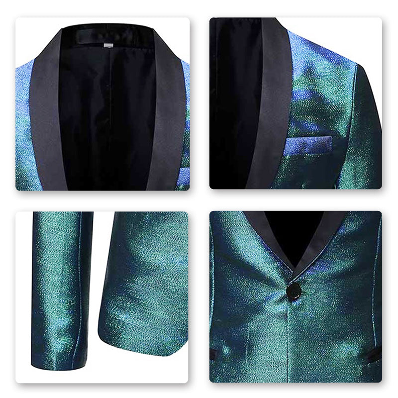 Magic Teal # Men's luxury prom tuxedo jacket with black shawl collar and one-button closure, magic teal metallic luster blazer with center vent, buttoned cuffs, 1 chest pocket and 2 side jet pockets, 3D tailored slim fit with full shoulder design for prom, wedding, party and formal events, isolated on white background.