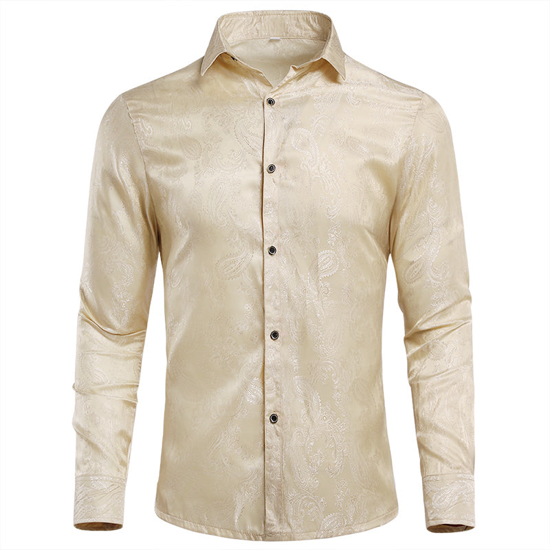 Beige # Men's slim fit embroidered paisley shirt with point collar and long sleeves, beige casual button-closure top with tone-to-tone embroidery design and two-button cuffs, soft polyester blend shirt for party, wedding, prom, business and daily wear, isolated on white background.