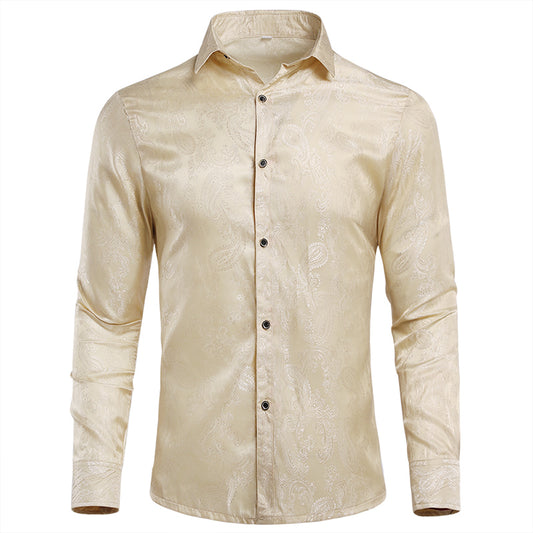 Beige # Men's slim fit embroidered paisley shirt with point collar and long sleeves, beige casual button-closure top with tone-to-tone embroidery design and two-button cuffs, soft polyester blend shirt for party, wedding, prom, business and daily wear, isolated on white background.