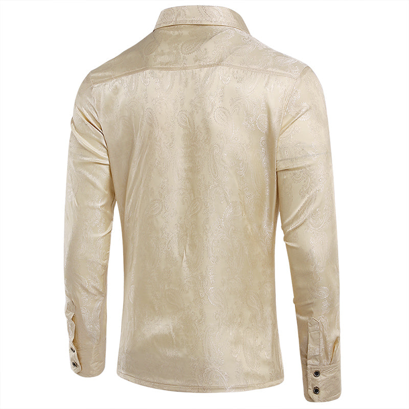 Beige # Men's slim fit embroidered paisley shirt with point collar and long sleeves, beige casual button-closure top with tone-to-tone embroidery design and two-button cuffs, soft polyester blend shirt for party, wedding, prom, business and daily wear, isolated on white background.