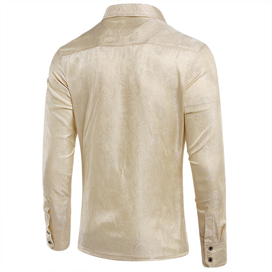 Beige # Men's slim fit embroidered paisley shirt with point collar and long sleeves, beige casual button-closure top with tone-to-tone embroidery design and two-button cuffs, soft polyester blend shirt for party, wedding, prom, business and daily wear, isolated on white background.