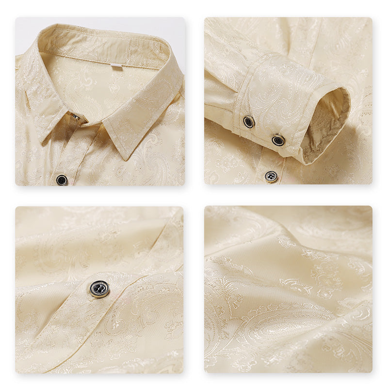 Beige # Men's slim fit embroidered paisley shirt with point collar and long sleeves, beige casual button-closure top with tone-to-tone embroidery design and two-button cuffs, soft polyester blend shirt for party, wedding, prom, business and daily wear, isolated on white background.