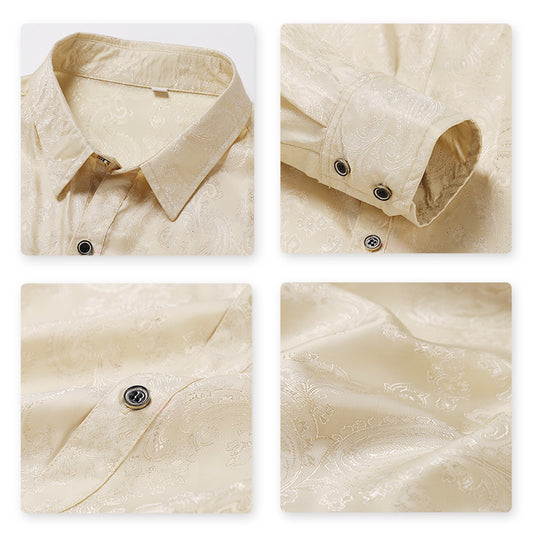 Beige # Men's slim fit embroidered paisley shirt with point collar and long sleeves, beige casual button-closure top with tone-to-tone embroidery design and two-button cuffs, soft polyester blend shirt for party, wedding, prom, business and daily wear, isolated on white background.