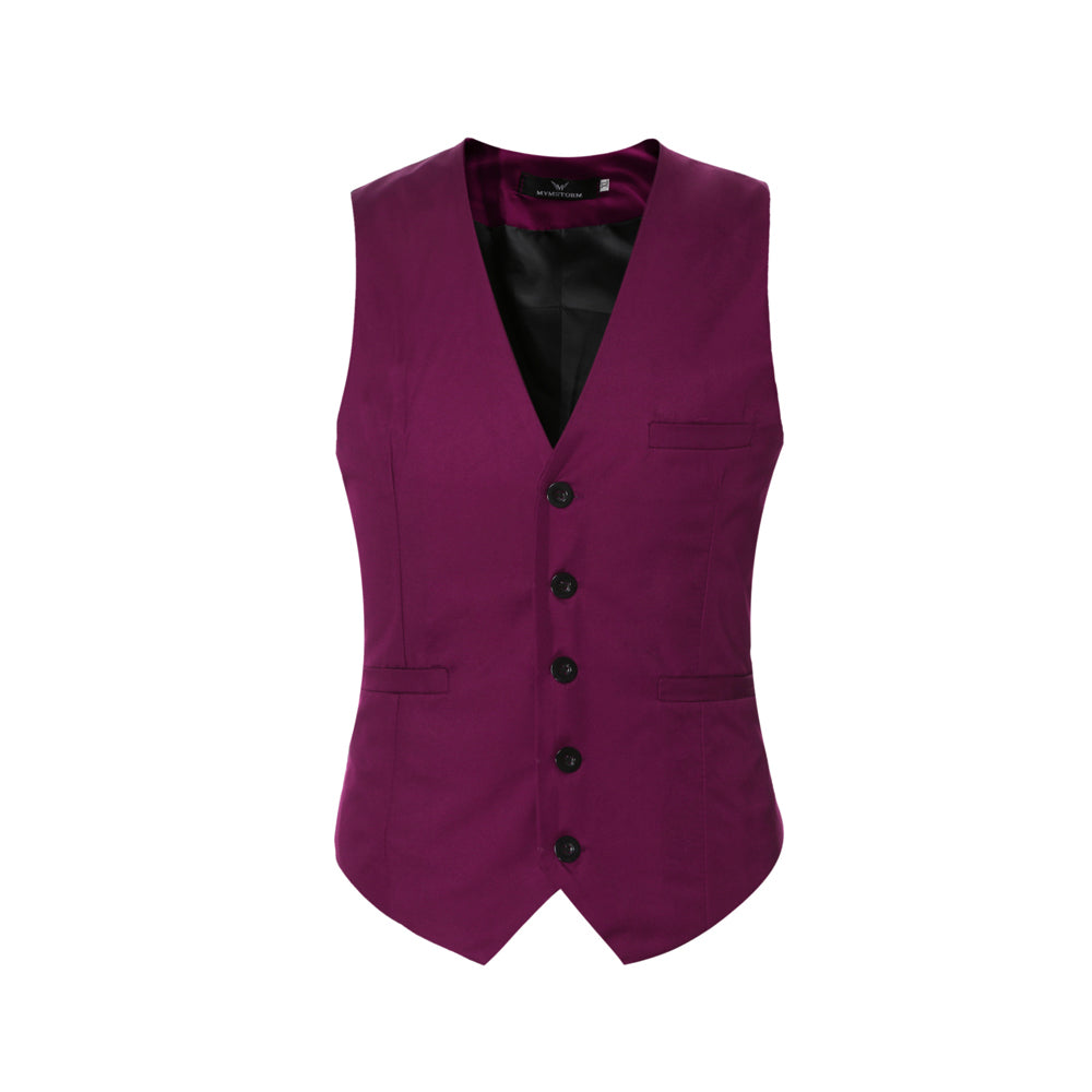 Maroon # Men's slim fit solid color fashion vest with v-neck and button closure, sleeveless maroon waistcoat with adjustable strap belt and fully lined interior, soft durable polyester viscose blend for wedding, banquet, party, business and daily wear, isolated on white background.