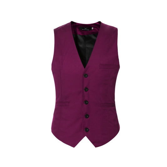 Maroon # Men's slim fit solid color fashion vest with v-neck and button closure, sleeveless maroon waistcoat with adjustable strap belt and fully lined interior, soft durable polyester viscose blend for wedding, banquet, party, business and daily wear, isolated on white background.