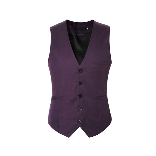 Purple # Men's slim fit solid color fashion vest with v-neck and button-down front, sleeveless suit waistcoat with adjustable strap belt and fully lined interior, premium polyester viscose blend for wedding, banquet, business, party and daily wear, isolated on white background.