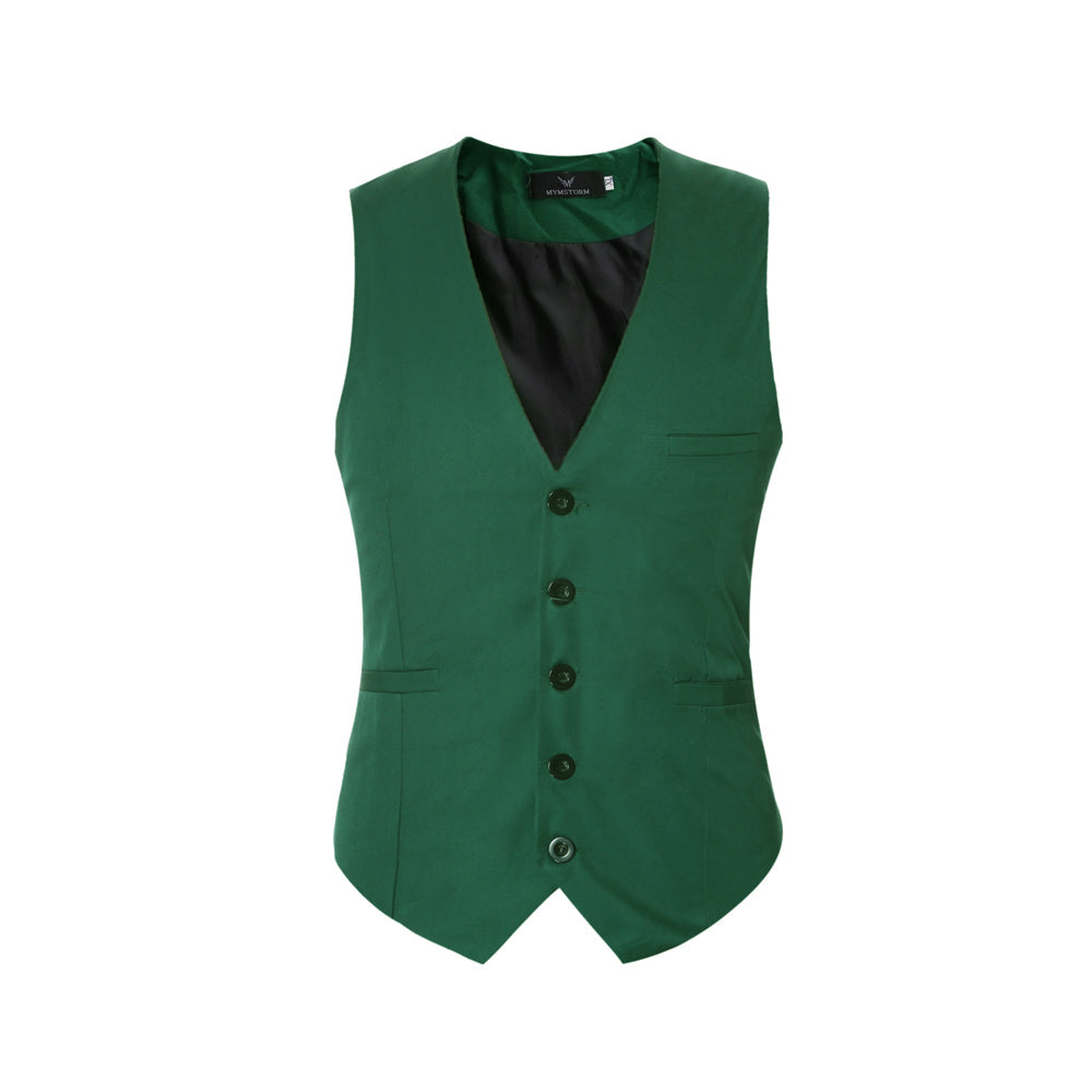Green # Men's slim fit solid color fashion vest with v-neck and 5-button front closure, sleeveless waistcoat with adjustable strap belt and fully lined interior, soft elastic polyester blend vest for wedding, banquet, party, business and daily wear, isolated on white background.