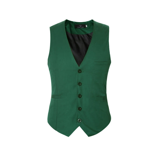 Green # Men's slim fit solid color fashion vest with v-neck and 5-button front closure, sleeveless waistcoat with adjustable strap belt and fully lined interior, soft elastic polyester blend vest for wedding, banquet, party, business and daily wear, isolated on white background.
