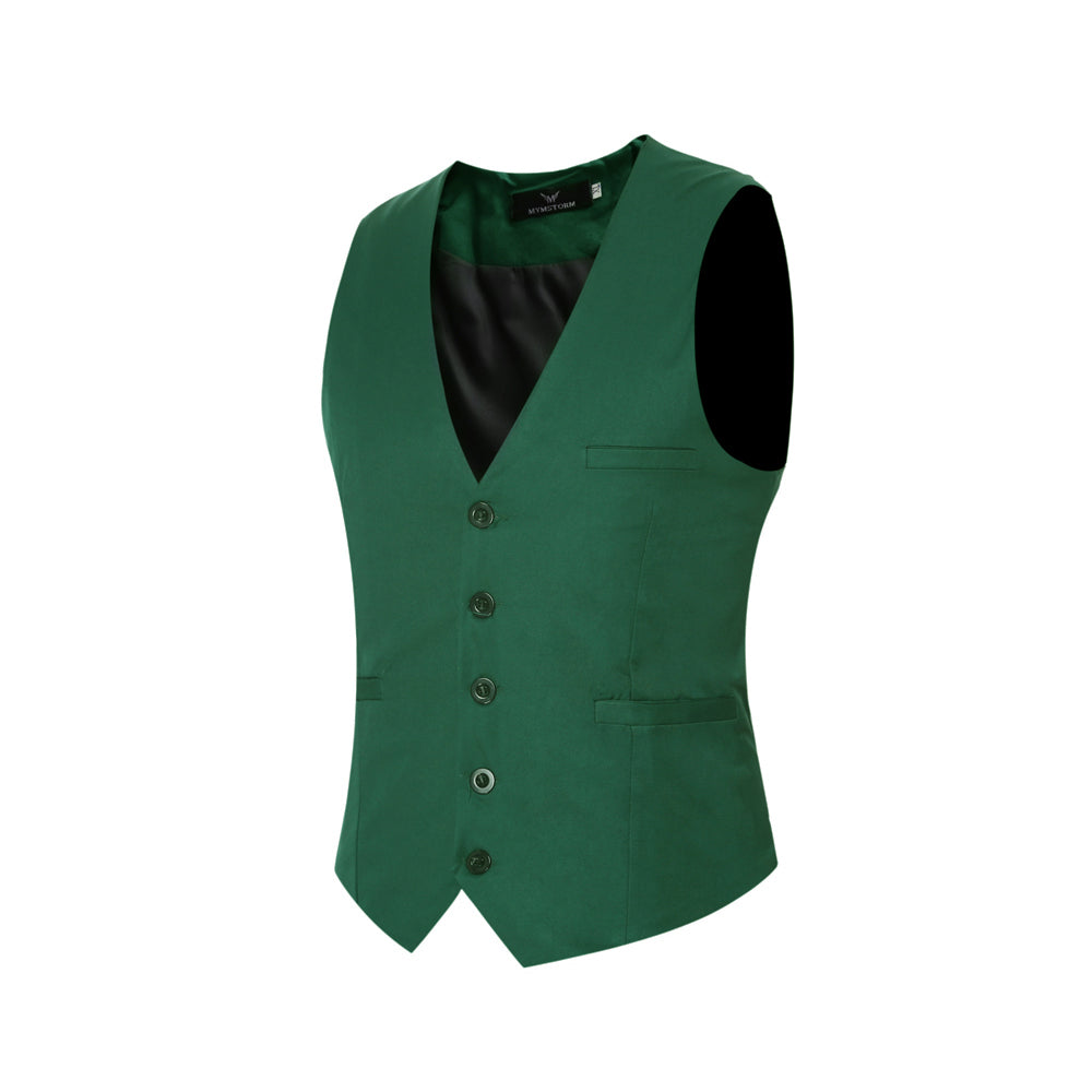 Green # Men's slim fit solid color fashion vest with v-neck and 5-button front closure, sleeveless waistcoat with adjustable strap belt and fully lined interior, soft elastic polyester blend vest for wedding, banquet, party, business and daily wear, isolated on white background.