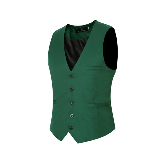 Green # Men's slim fit solid color fashion vest with v-neck and 5-button front closure, sleeveless waistcoat with adjustable strap belt and fully lined interior, soft elastic polyester blend vest for wedding, banquet, party, business and daily wear, isolated on white background.