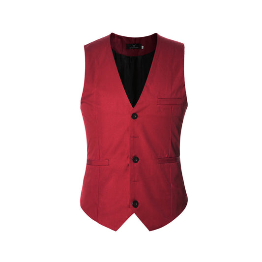 Red # Men's slim fit solid color fashion vest with v-neck and 5-button front closure, sleeveless waistcoat with adjustable strap belt and fully lined interior, soft elastic polyester blend vest for wedding, banquet, party, business and daily wear, isolated on white background.