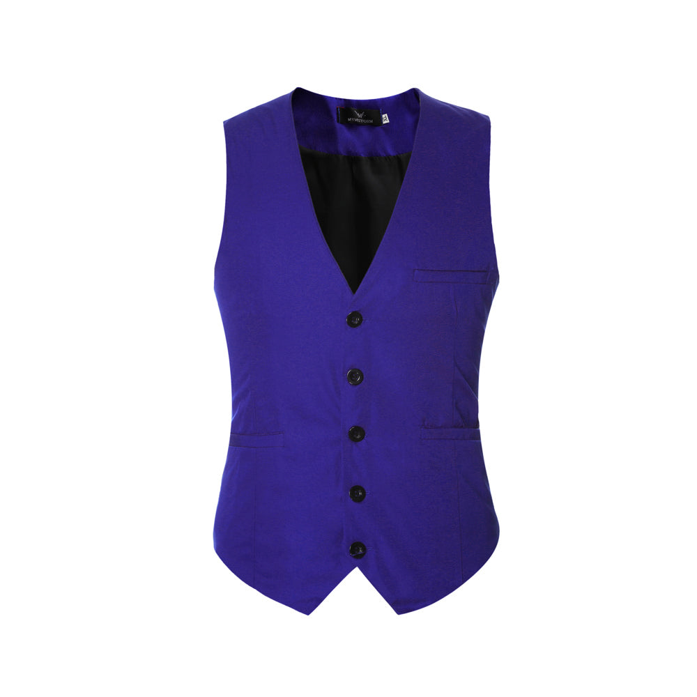 Indigo # Men's slim fit solid color fashion vest with v-neck and button-front closure, sleeveless waistcoat with adjustable strap belt and fully lined interior, soft elastic polyester blend vest for wedding, banquet, party, business and daily wear, isolated on white background.