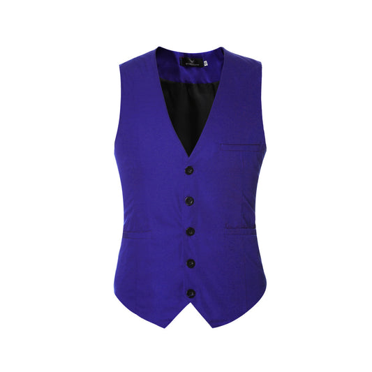 Indigo # Men's slim fit solid color fashion vest with v-neck and button-front closure, sleeveless waistcoat with adjustable strap belt and fully lined interior, soft elastic polyester blend vest for wedding, banquet, party, business and daily wear, isolated on white background.