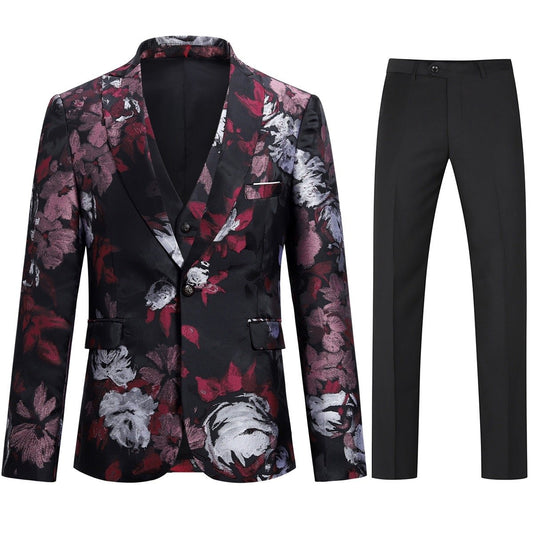 Maroon # Men's slim fit 3-piece allover floral print suit with peaked lapel and button closure, maroon formal blazer jacket with matching vest and flat-front trousers, elegant polyester suit for wedding, prom, party and special occasions, isolated on white background.