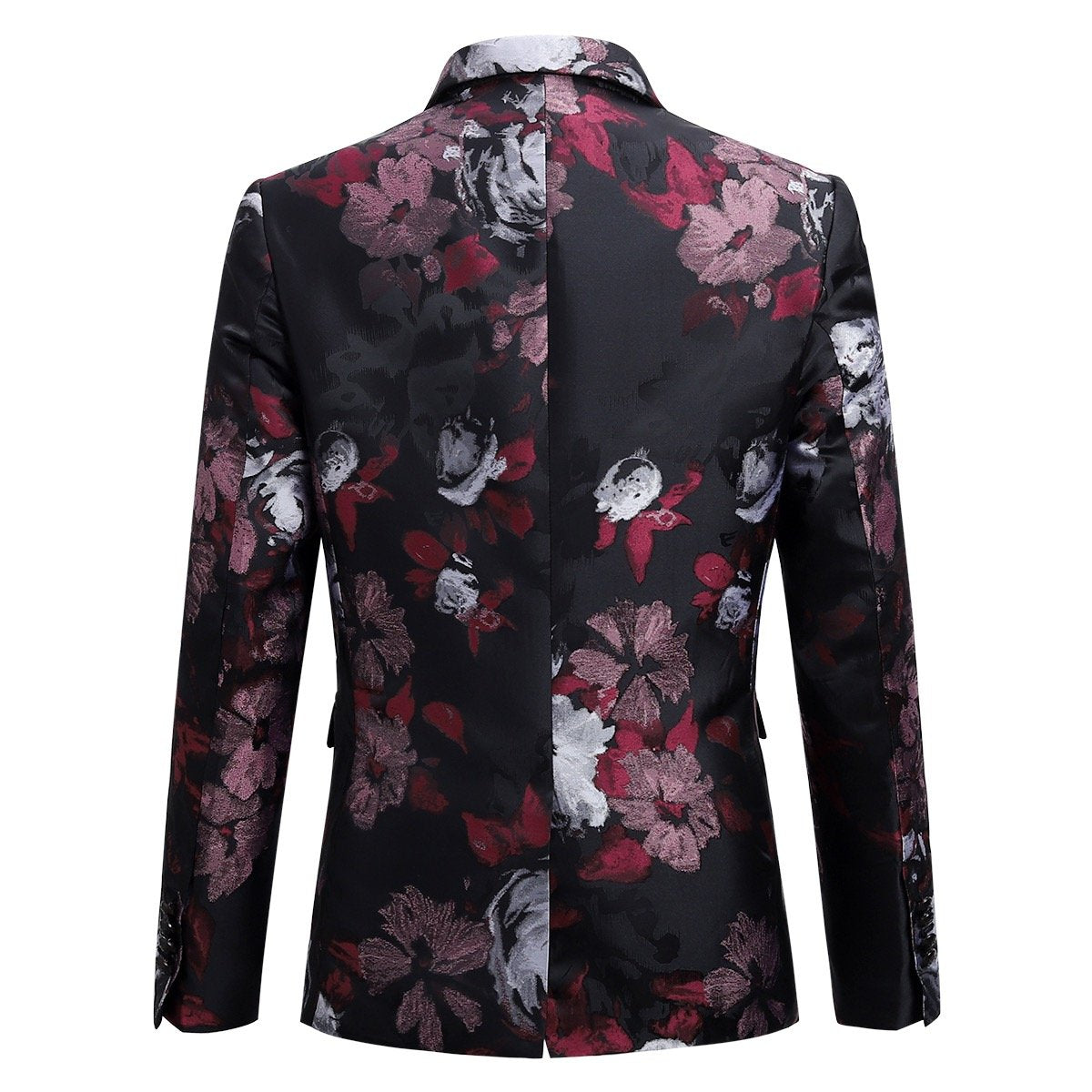 Maroon # Men's slim fit 3-piece allover floral print suit with peaked lapel and button closure, maroon formal blazer jacket with matching vest and flat-front trousers, elegant polyester suit for wedding, prom, party and special occasions, isolated on white background.