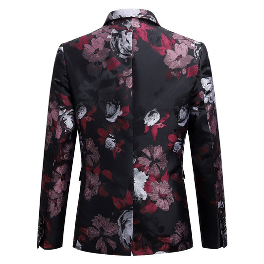 Maroon # Men's slim fit 3-piece allover floral print suit with peaked lapel and button closure, maroon formal blazer jacket with matching vest and flat-front trousers, elegant polyester suit for wedding, prom, party and special occasions, isolated on white background.