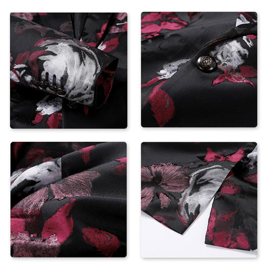 Maroon # Men's slim fit 3-piece allover floral print suit with peaked lapel and button closure, maroon formal blazer jacket with matching vest and flat-front trousers, elegant polyester suit for wedding, prom, party and special occasions, isolated on white background.