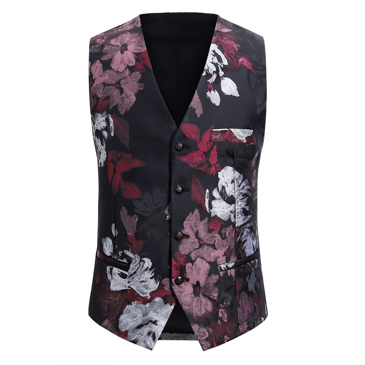Maroon # Men's slim fit 3-piece allover floral print suit with peaked lapel and button closure, maroon formal blazer jacket with matching vest and flat-front trousers, elegant polyester suit for wedding, prom, party and special occasions, isolated on white background.